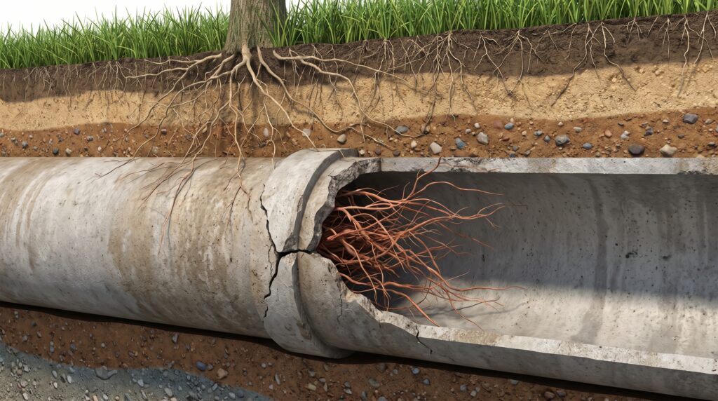Cutaway view of tree roots intruding through a cracked underground sewer pipe beneath a green suburban lawn
