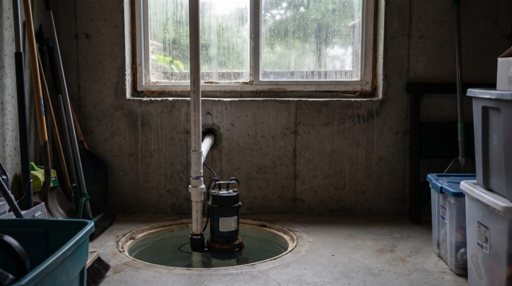 Basement sump pump sitting in a sump pit with clear water and a discharge pipe on a rainy day